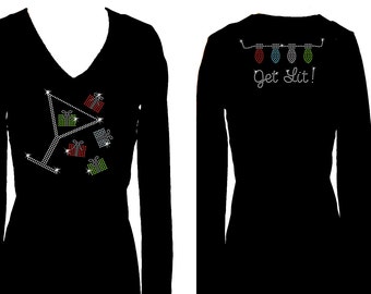 Christmas Wine Glass & Presents Get Lit  Rhinestone V Neck Long Sleeve Womens Tee Shirt