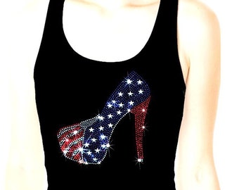 Rhinestone Flag High Heel Tank Top: Patriotic July 4th Women's Bling Tee