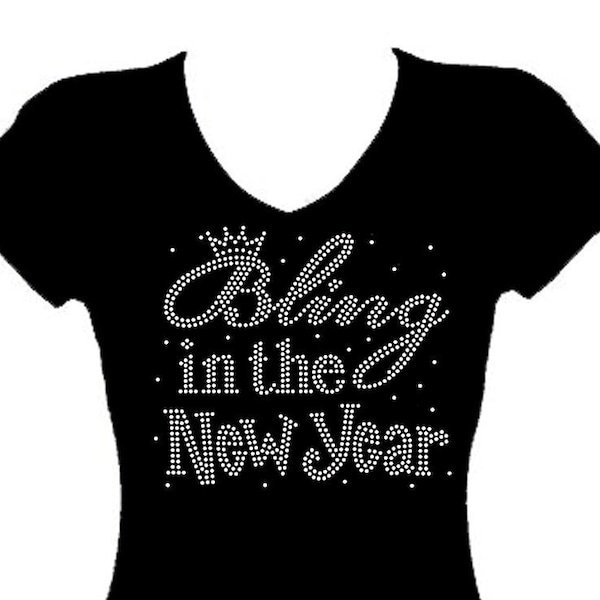 New Years Christmas Rhinestone V Neck Short Sleeve Bling Womens Tee Shirt