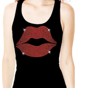 Red Lips Bling Sequin Kiss Love Party Womens Bling Glitter Tank top Tee shirt