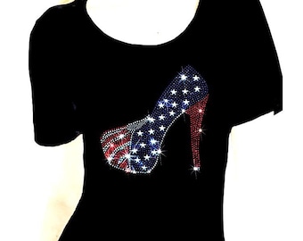 High Heel Shoe Flag  Rhinestone Womens Scoop Memoiral Day Veterans Bling Tee Shirt