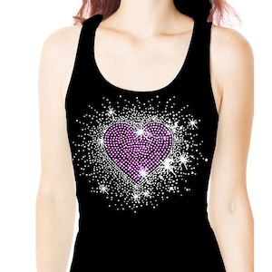 Pink Heart Burst Rhinestone Valentines Love Womens Tank top Tee shirt