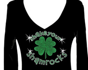 Shamrock St Patricks Day V-Neck Bling Long Sleeve Tee