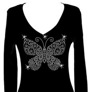 T-shirt transparent papillon à manches longues pour femmes avec strass et col en V