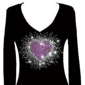 Pink Heart Burst Rhinestone Valentine Love V Neck Long Sleeve Womens Bling Tee Shirt