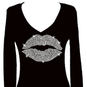 Lips Bling Sequin Glitter V Neck Long Sleeve Women&#39;s Valentines Tee Shirt