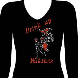 Halloween Witches Women’s Funny Tee Shirt Rhinestone V Neck Long Sleeve Bling