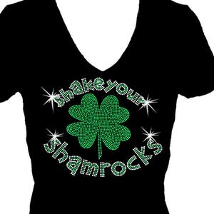 Shake Your Shamrocks & Angel Wings St Patricks Day V Neck Short  Sleeve Womens Bling Glitter Tee Shirt