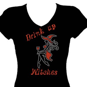 Halloween Witches Women’s Rhinestone tee shirt  funny V Neck Short Sleeve Bling Glitter