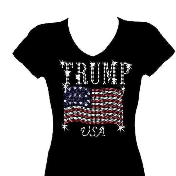 Trump Rhinestone Election  V Neck Short Sleeve Womens Bling Glitter Tee Shirt