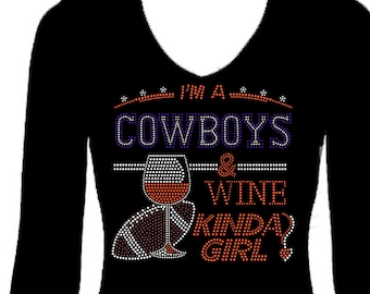 Cowboys and Wine Football Rhinestone Sports  Bling V Neck Long Sleeve Womens Tee Shirt