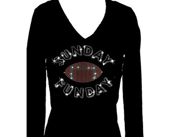 Sunday Funday Football Rhinestone V Neck Long Sleeve Womens Bling Tee Shirt