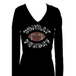 Sunday Funday Football Rhinestone V Neck Long Sleeve Womens Bling Tee Shirt