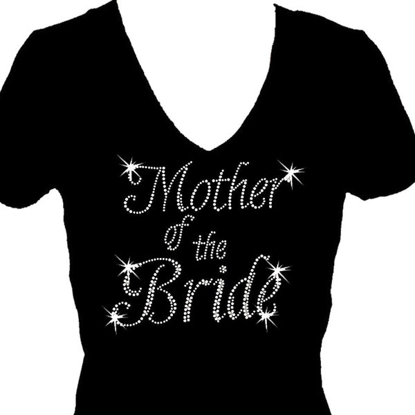 Mother of the Bride Rhinestone V Neck Short Sleeve Womens Bling Glitter Tee Shirt