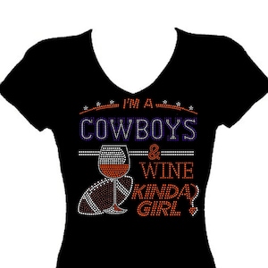 Cowboys and Wine Football Rhinestone Sports  Bling V Neck Short  Sleeve Womens Tee Shirt