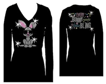 Easter Bunny Glasses & Bunny Needs a Little Bling V Neck Long Sleeve Womens Bling Tee Shirt