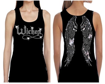Wicked Halloween with Angel Wings Rhinestone Womens Bling Glitter Tank top Tee shirt