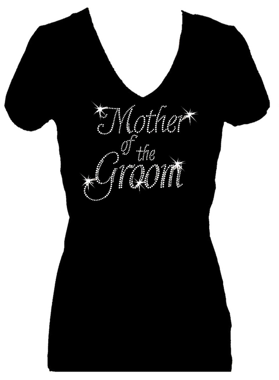 Mother of The Groom Rhinestone V Neck Short Sleeve Women's Bling Glitter Tee Shirt