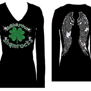 Shake Your Shamrocks Angel Wings Saint Patrick&#39;s Day V Neck Long Sleeve Women&#39;s Bling Glitter Tee Shirt