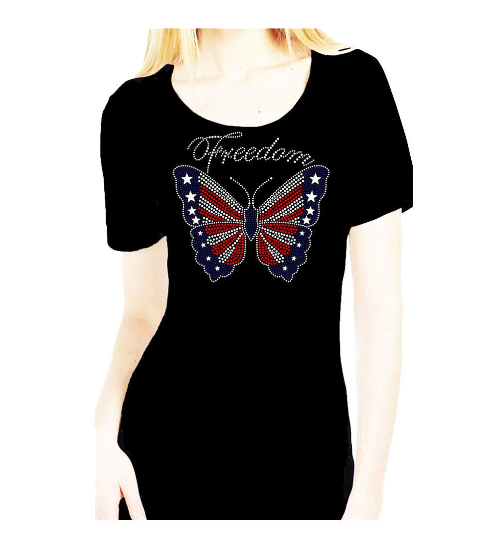 Butterfly Flag Fourth Of July Rhinestone Womens Scoop Memorial Day Veterans Bling Tee Shirt