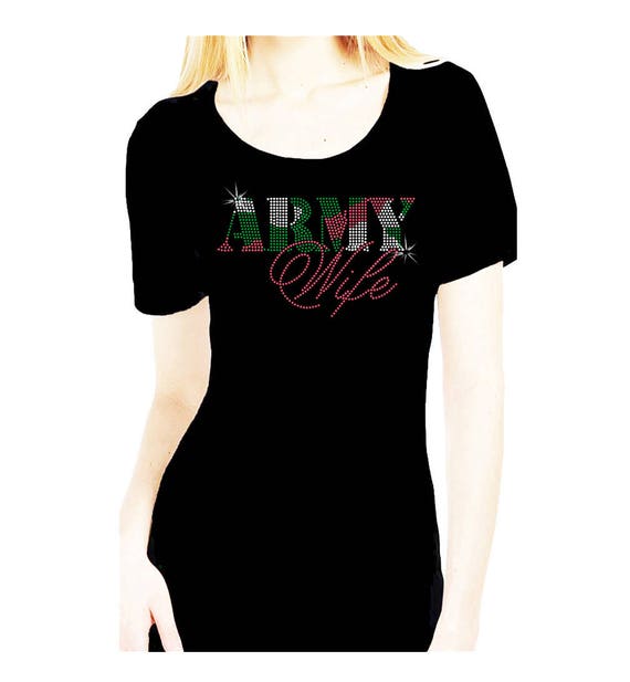 ARMY WIFE RHINESTONE ANGEL WINGS VETERANS DAY V NECK LONG SLEEVE TEE SHIRT