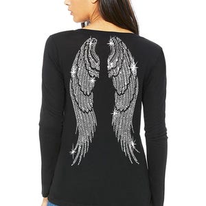 Angel Wings Rhinestone V Long Sleeve Womens Bling Tee Shirt