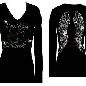 Kiss My Shamrock Angel WIngs St Patricks Day V Neck Long Sleeve Womens Bling Glitter Tee Shirt