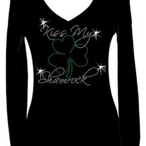 Kiss My Shamrock St Patricks Day V Neck Long Sleeve Womens Bling Glitter Tee Shirt