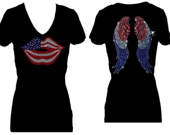 Rhinestone Lips Flag & Angel Wings Tee: July 4th Memorial Day Bling Shirt