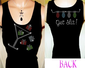 Christmas Wine Glass & Presents Get Lit Rhinestone Womens Tank top Tee shirt