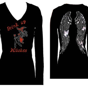 Drink Up Witches V-Neck Tee: Rhinestone Halloween Long Sleeve Women&#39;s Bling Top