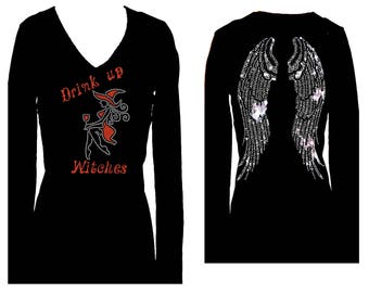 Halloween Witches Rhinestone Tee Women’s Funny V-Neck Long Sleeve Bling Top