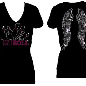 Bowling Angel Wings Rhinestone Tee: Funny V-Neck Bling Shirt