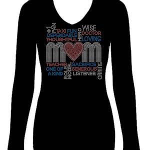 Mom Angel Wings Rhinestone  Mother&#39;s Day V Neck Long Sleeve Tee Shirt