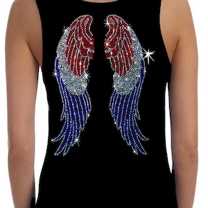 Fourth of July Angel WIngs Rhinestone Memorial Day Veterans Womens Bling Tank top Tee shirt summer