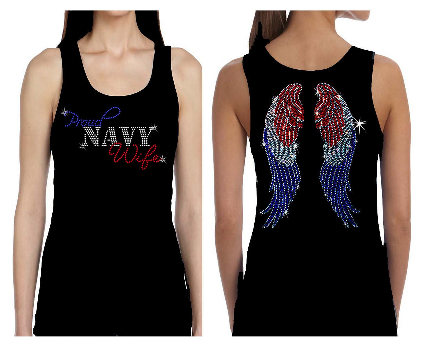 Navy Wife Angel Wings Rhinestone Military 4th Of July Veternas Memorial Day Womens Bling Tank Top Tee Shirt