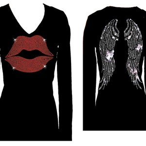 Red Lips Angel Wings Rhinestone Bling Sequin V Neck Long Sleeve Kiss Womens Tee Shirt