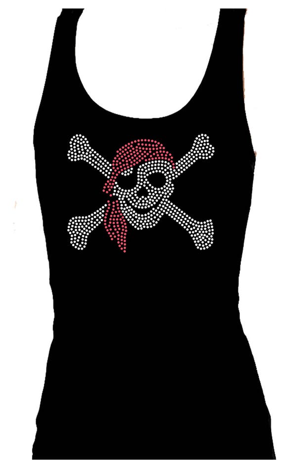 Pirate Skull Rhinestone Womens Bling Party Tank top Tee shirt