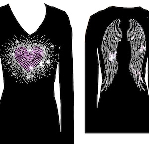 Rhinestone Heart & Angel Wings V-Neck Bling Sparkly Women&#39;s Tee