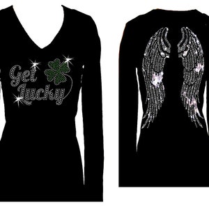 Get Lucky & Angel Wings St Patricks Day V Neck Long Sleeve Womens Bling Glitter Tee Shirt