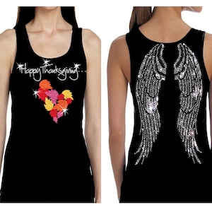 Happy Thanksgiving Angel Wings Holiday Rhinestone  Womens Bling Glitter Tank top Tee shirt