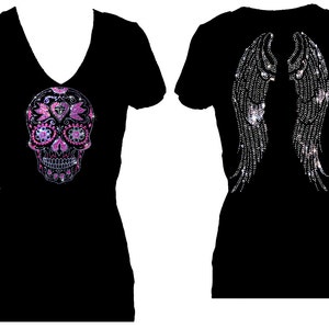 Sugar Skull Angel Wings Halloween Women’s Bling Tee Shirt V Short Sleeve Glitter
