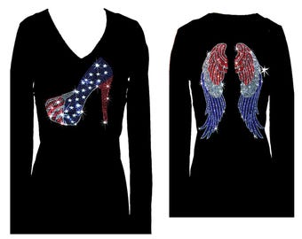 Rhinestone Shoe Flag Angel Wings Tee: Patriotic Bling V-Neck Women’s Shirt