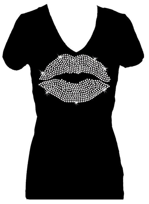 Labios Bling Lentejuelas Brillo Beso Amor V Cuello Manga Corta Mujer V Camiseta