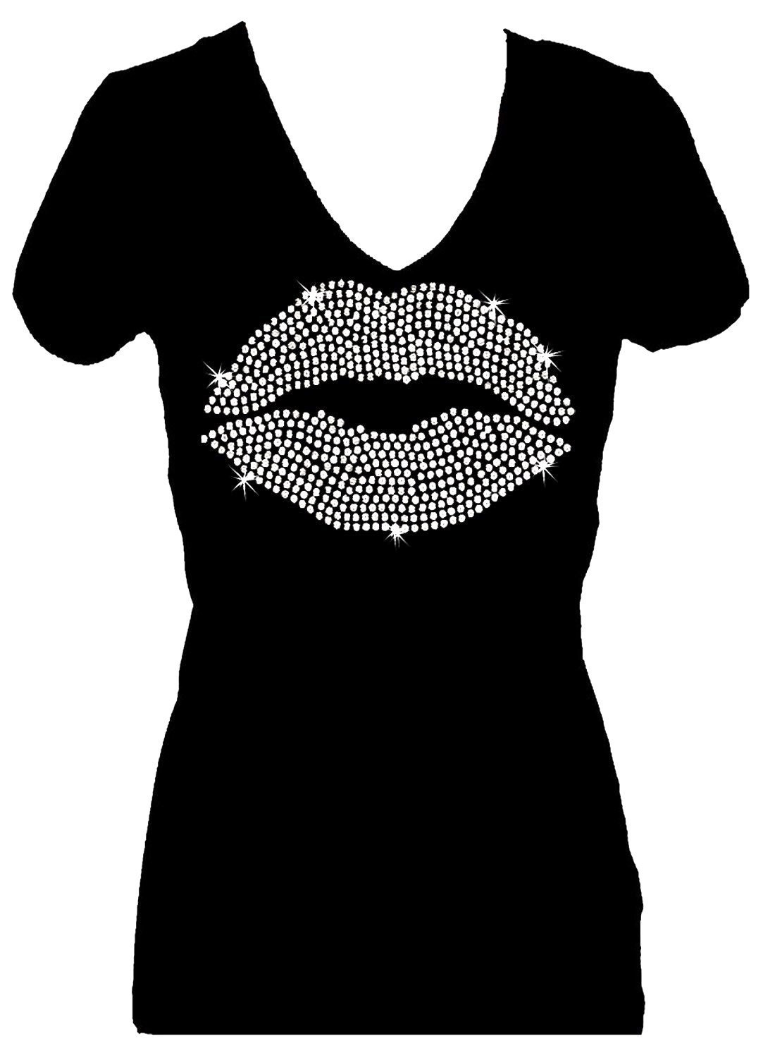 Lips Bling Sequin Glitter Kiss Love V Neck Short Sleeve