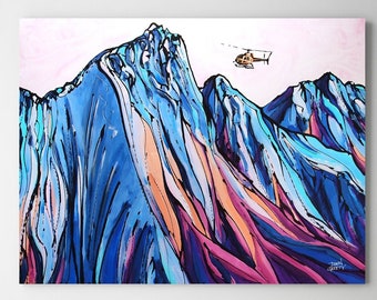 Skier, Snowboarder, Mountain Wall Art, Top Selling, Home Decor, Colorful, Fine Art Print, Painting, Alaska, Canvas or Metal, Ready to Hang