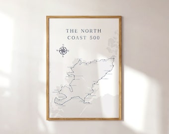 North Coast 500 Route Map, Dark Blue Print of Scotland Roadtrip, British Travel Print, NC500 Wall Art, Scottish Highlands Roadtrip Poster