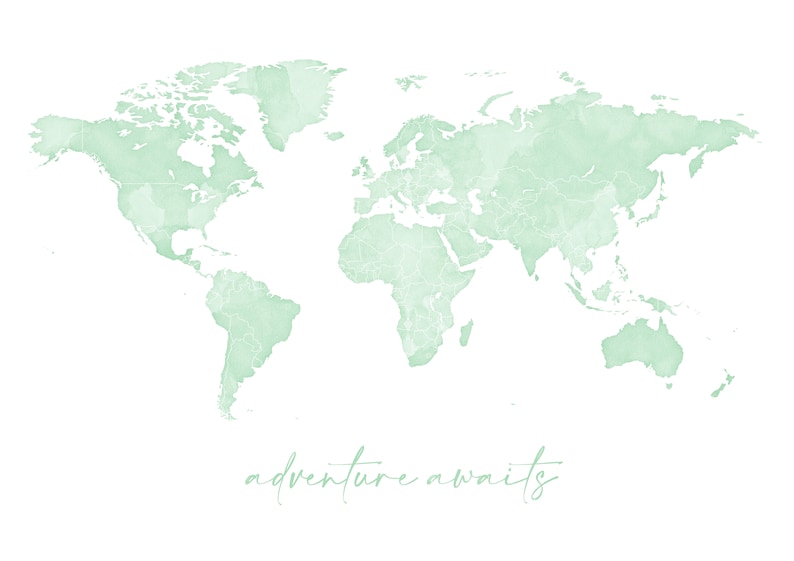 Pastel Green Watercolour Green Nursery Neutral Nursery Print Custom Travel Map Art Sage Green World Map Wall Art Pale Green Wall Decor