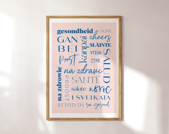 Cheers in 20 Different Languages Print, Bright Fun Prints, Bar Decor, Kitchen Poster, Bar Print, Cheers Salud Proost Salute, Pink and Blue