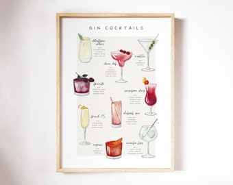Gin Cocktails PRINTABLE DOWNLOAD - Instant Digital File, Gin Lovers Gift, Gin Bar Print, Bar Decor Negroni Martini Singapore Sling French 75